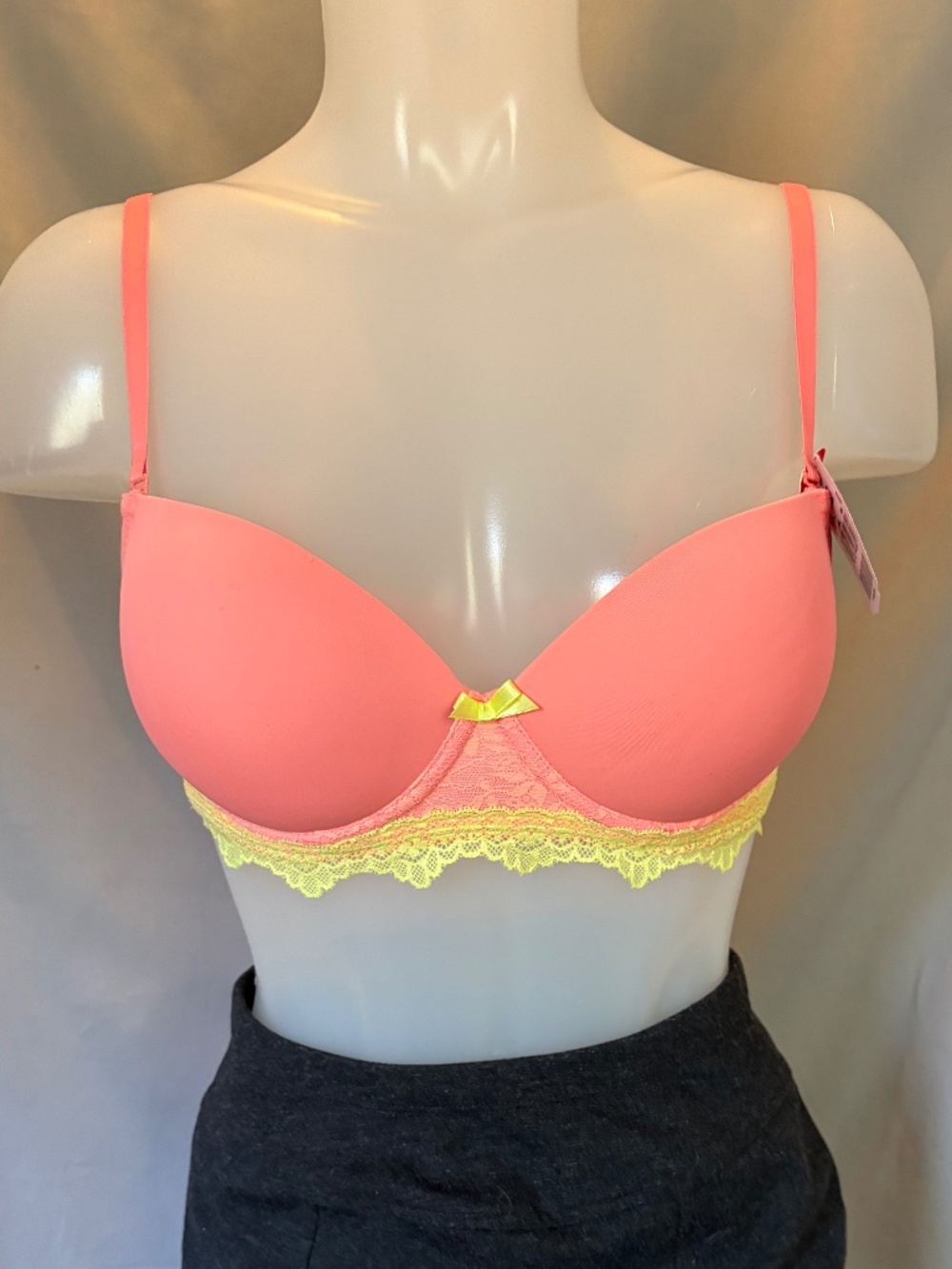 Lumar by Leonisa Push-up Bra in Coral with Neon Yellow Lace - Size 36B (NWT)